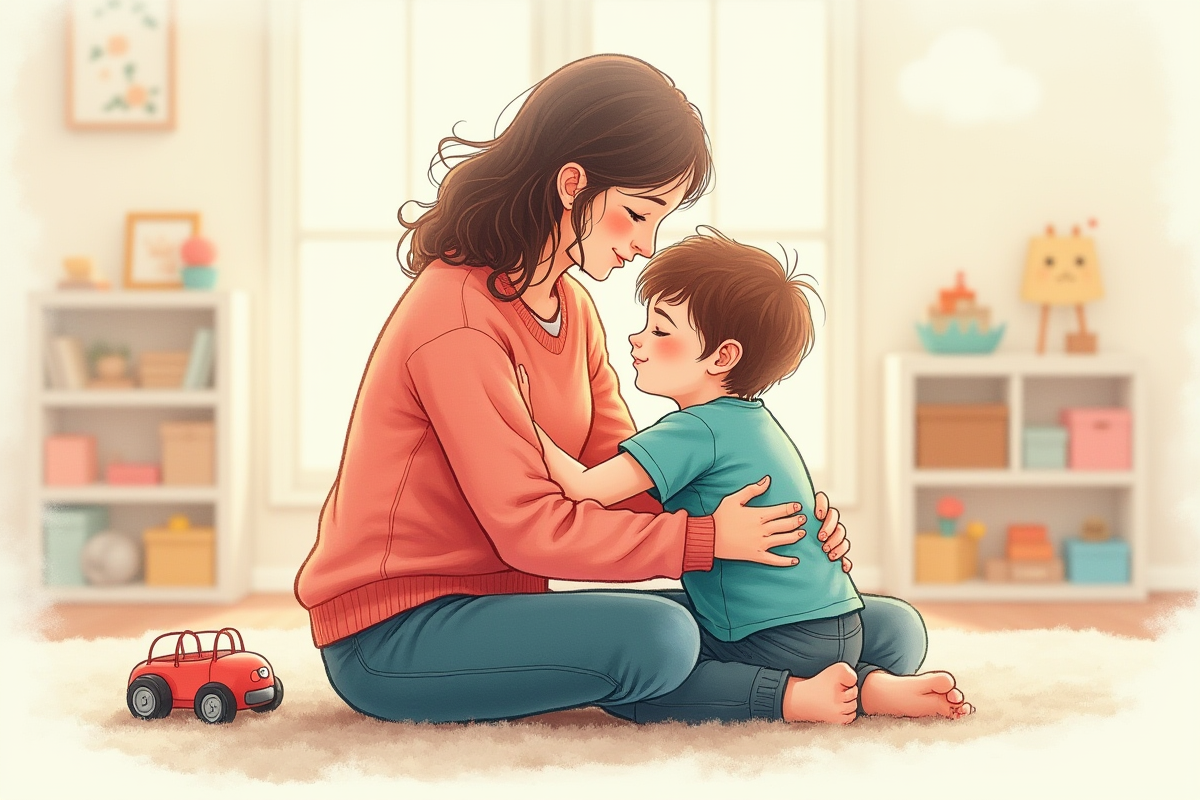 Мама обнимает ребенка на полу