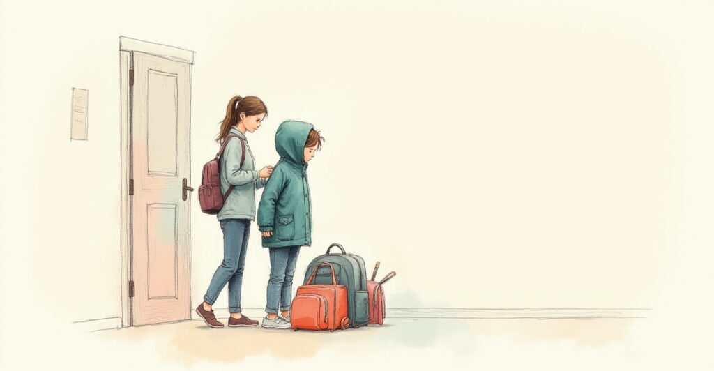 Родитель разбирает школьные вещи